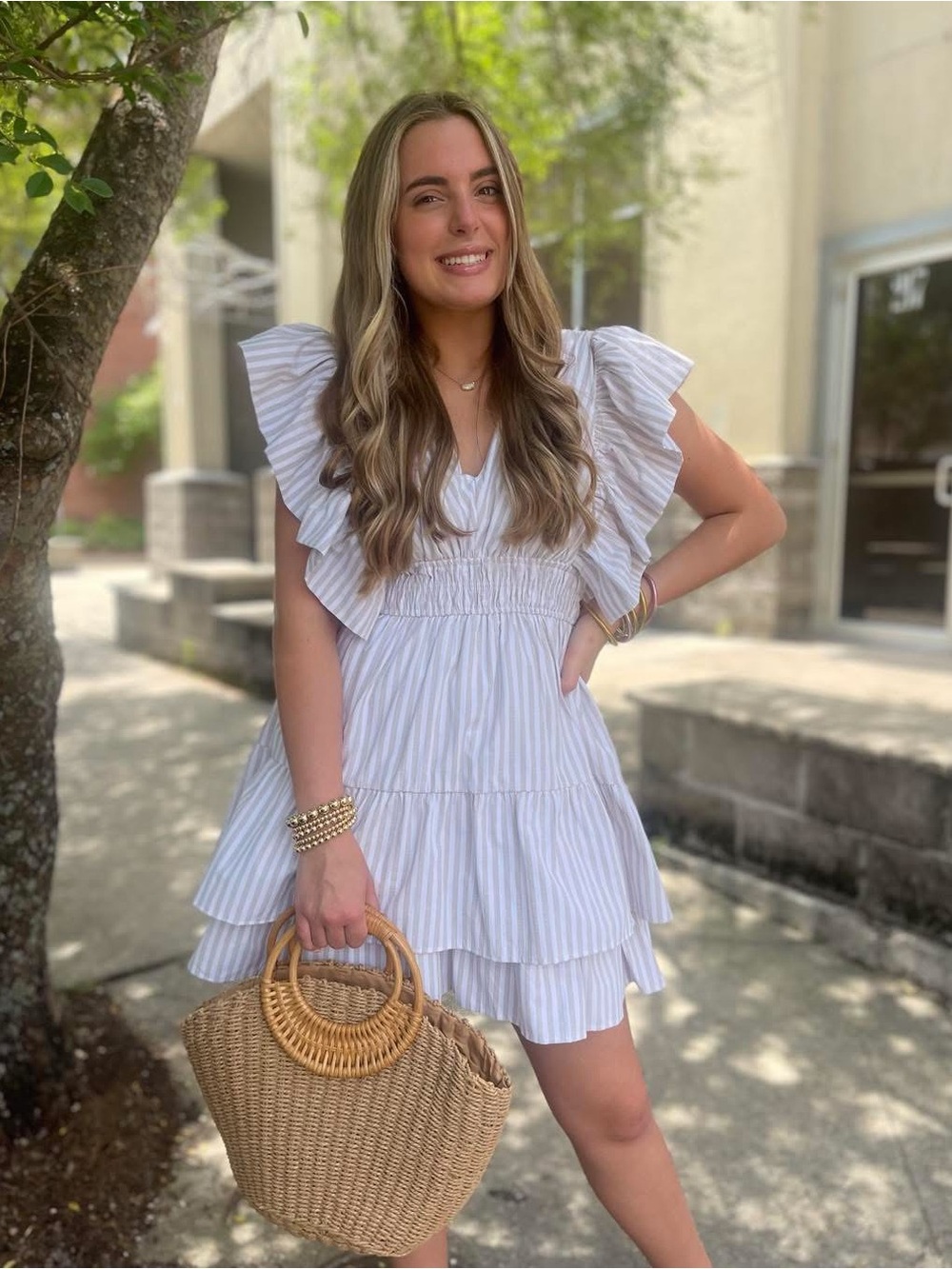 entro Striped Ruffle Tiered Dress - White & Light Gray